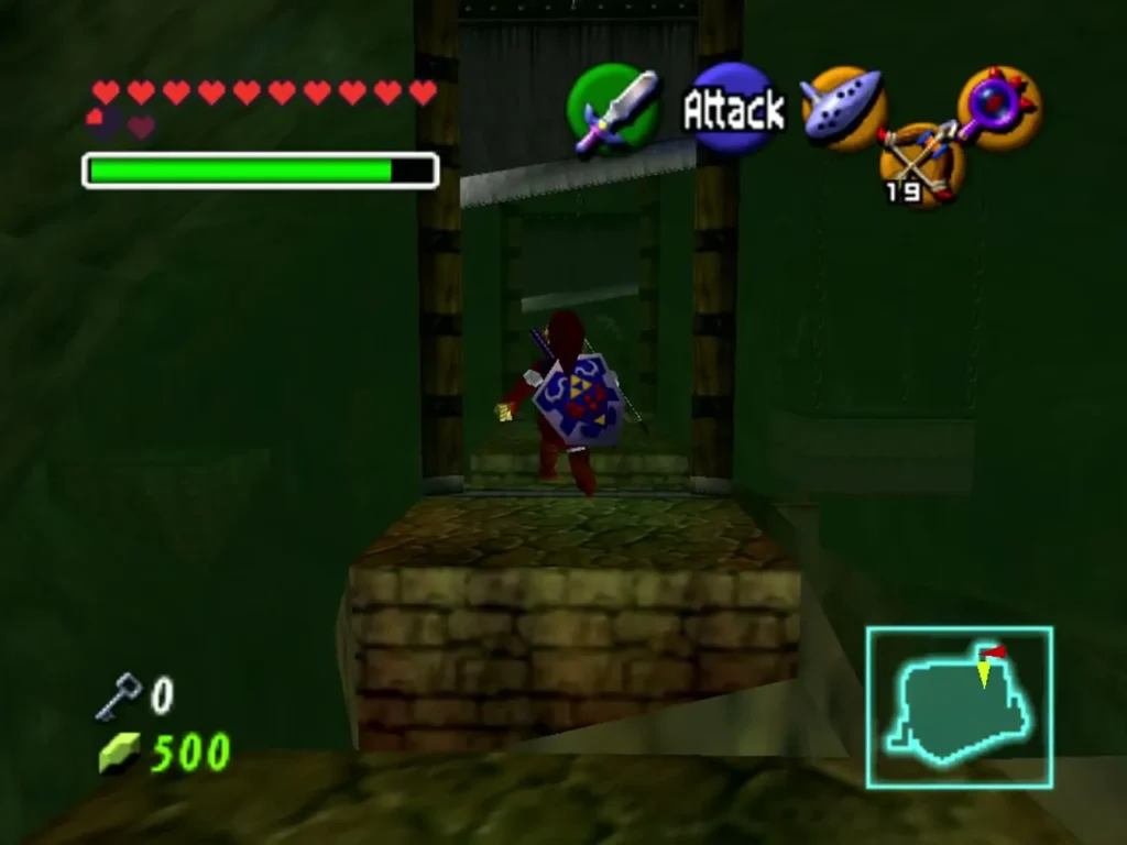 Link at the top of a corridor under a raised guillotine blade in the Shadow Temple Link at the top of a corridor under a raised guillotine blade in the Shadow Temple