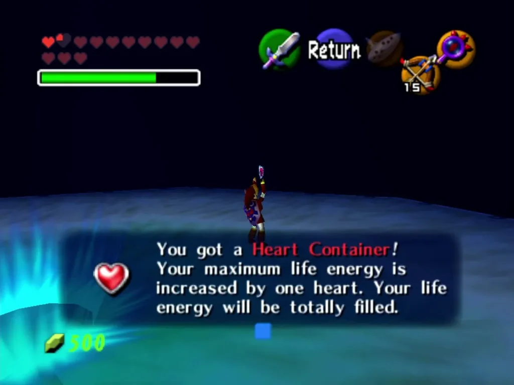Link holding up a Heart Container with the You got a Heart Container message Link holding up a Heart Container with the You got a Heart Container message
