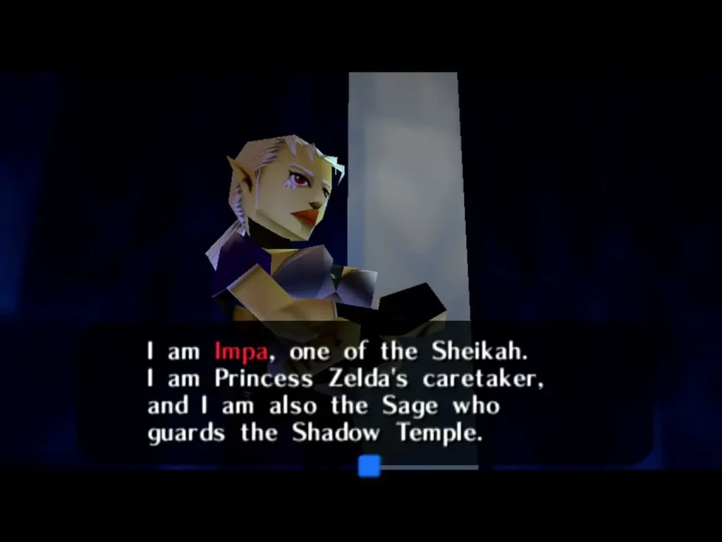 Impa speaking in the Chamber of Sages and introducing herself as the Shadow Temple's Sage Impa speaking in the Chamber of Sages and introducing herself as the Shadow Temple's Sage