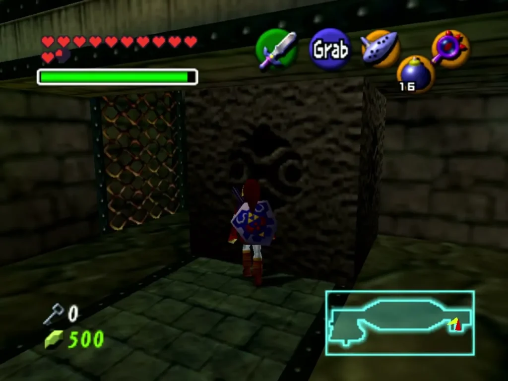 Link beside the large stone block in the Shadow Temple boat room Link beside the large stone block in the Shadow Temple boat room