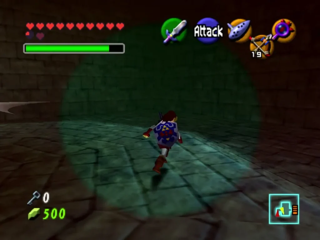 Link running through a dim stone room with the Lens of Truth view circle around him Link running through a dim stone room with the Lens of Truth view circle around him