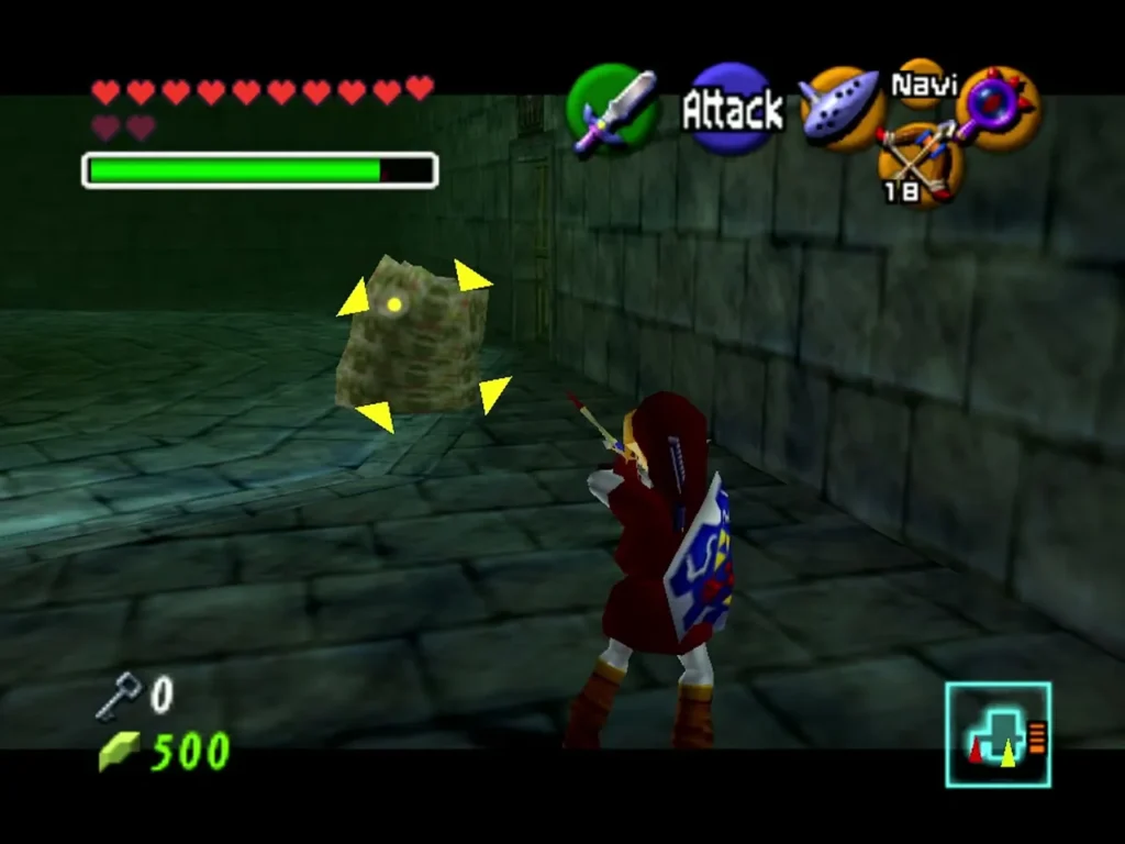 Link targeting a tan enemy in a stone room of the Shadow Temple Link targeting a tan enemy in a stone room of the Shadow Temple