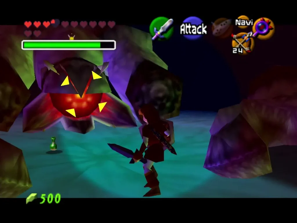 Link slashing Bongo Bongo's red eye with his sword Link slashing Bongo Bongo's red eye with his sword