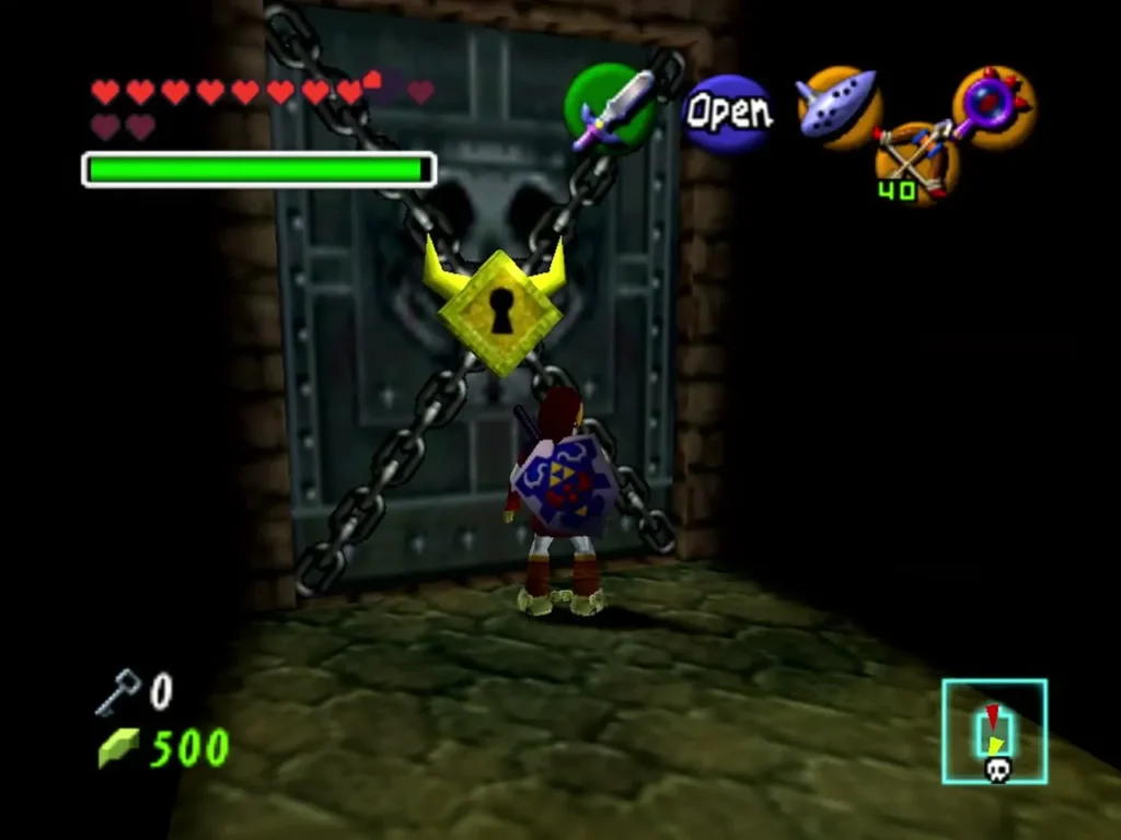 Link facing a chained locked door with a golden lock Link facing a chained locked door with a golden lock