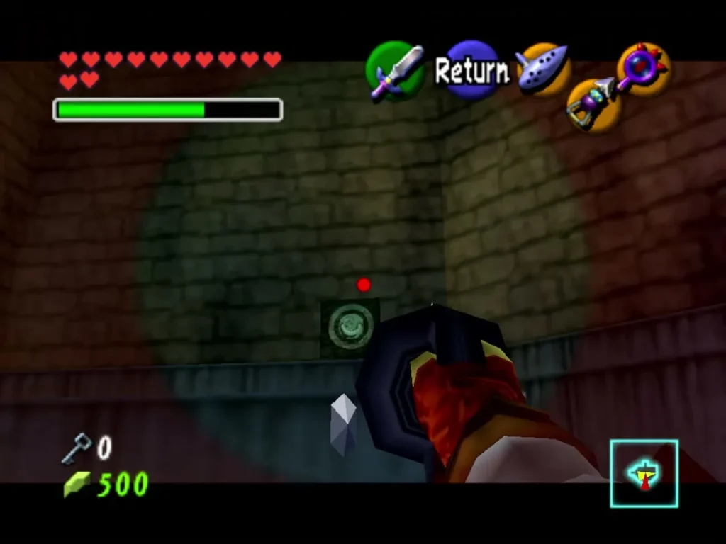 Link aiming the Longshot at a green target on the wall of the spike room Link aiming the Longshot at a green target on the wall of the spike room
