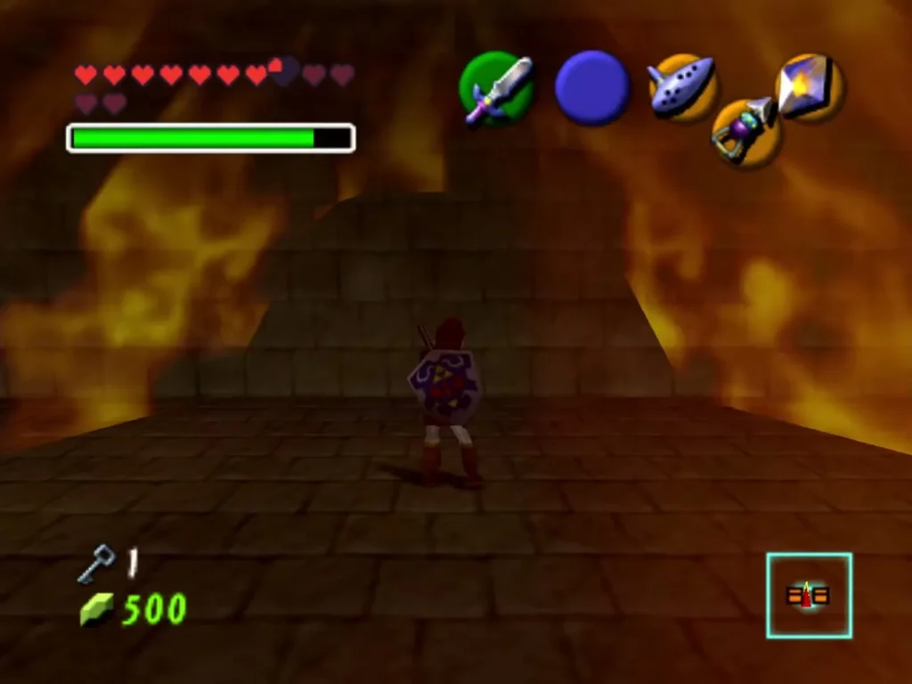 Link in a room engulfed by Din's Fire, burning the spike walls Link in a room engulfed by Din's Fire, burning the spike walls