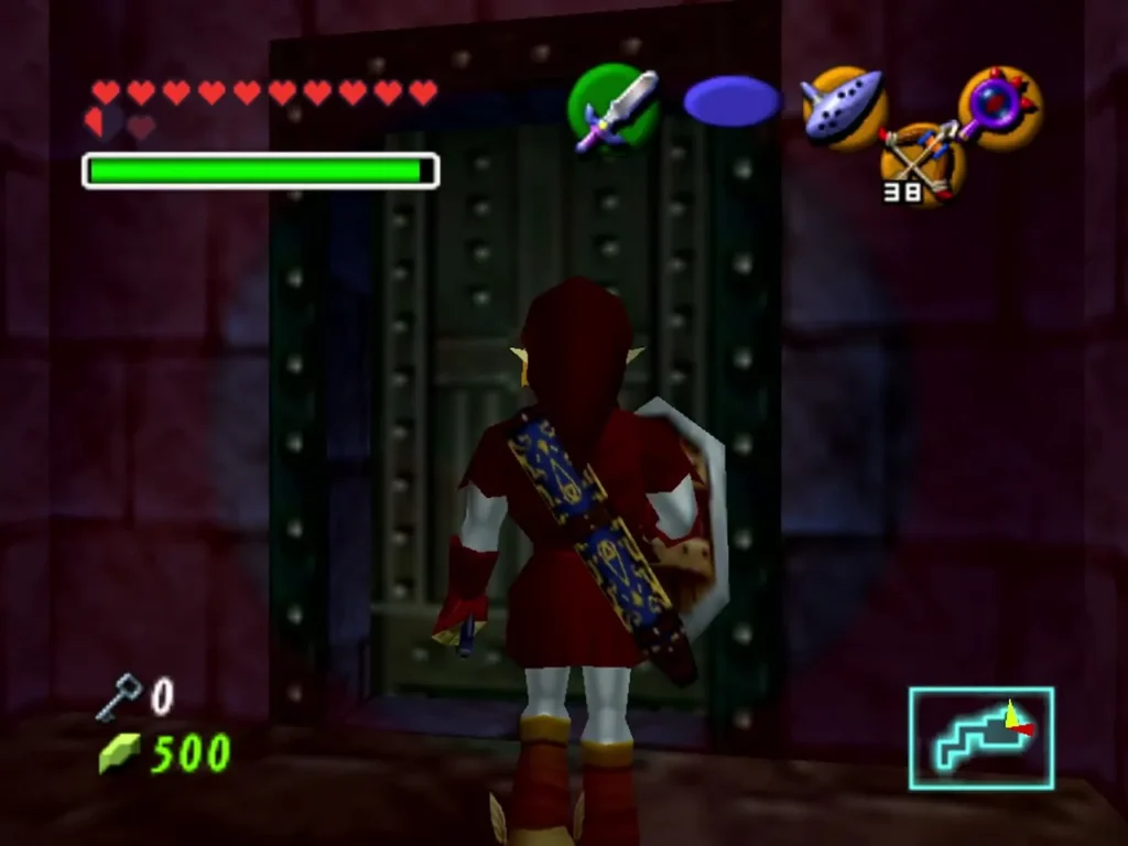 Link standing before the patterned door of the Shadow Temple Wind Room Link standing before the patterned door of the Shadow Temple Wind Room