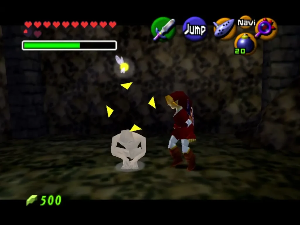 Link facing a ReDead in a dark temple room with Navi nearby Link facing a ReDead in a dark temple room with Navi nearby
