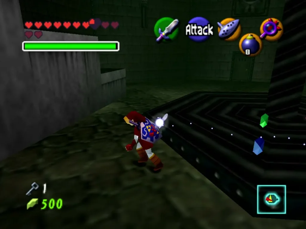 Link in the skull room with Rupees scattered on the floor after the skulls burst Link in the skull room with Rupees scattered on the floor after the skulls burst
