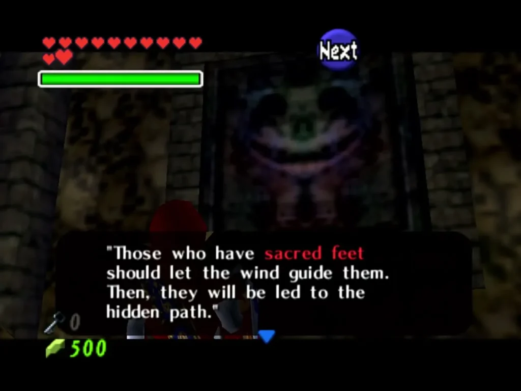 Stone hint wall text box reading Those who have sacred feet should let the wind guide them Stone hint wall text box reading Those who have sacred feet should let the wind guide them