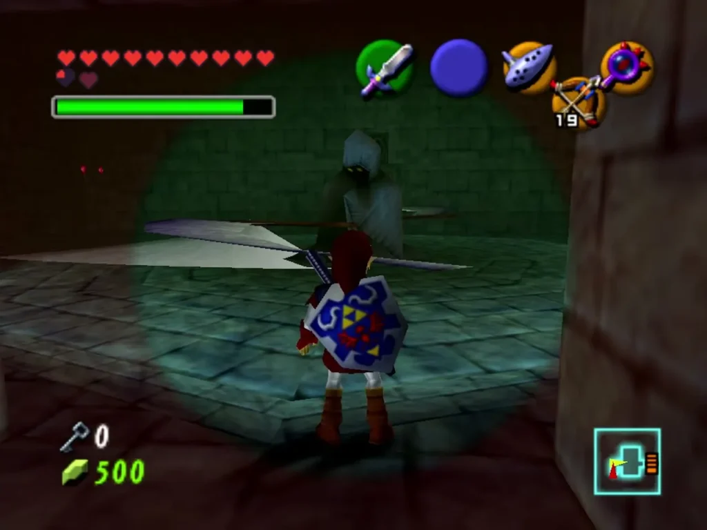 Link with shield facing a scythe blade in a dim room seen through the Lens of Truth Link with shield facing a scythe blade in a dim room seen through the Lens of Truth