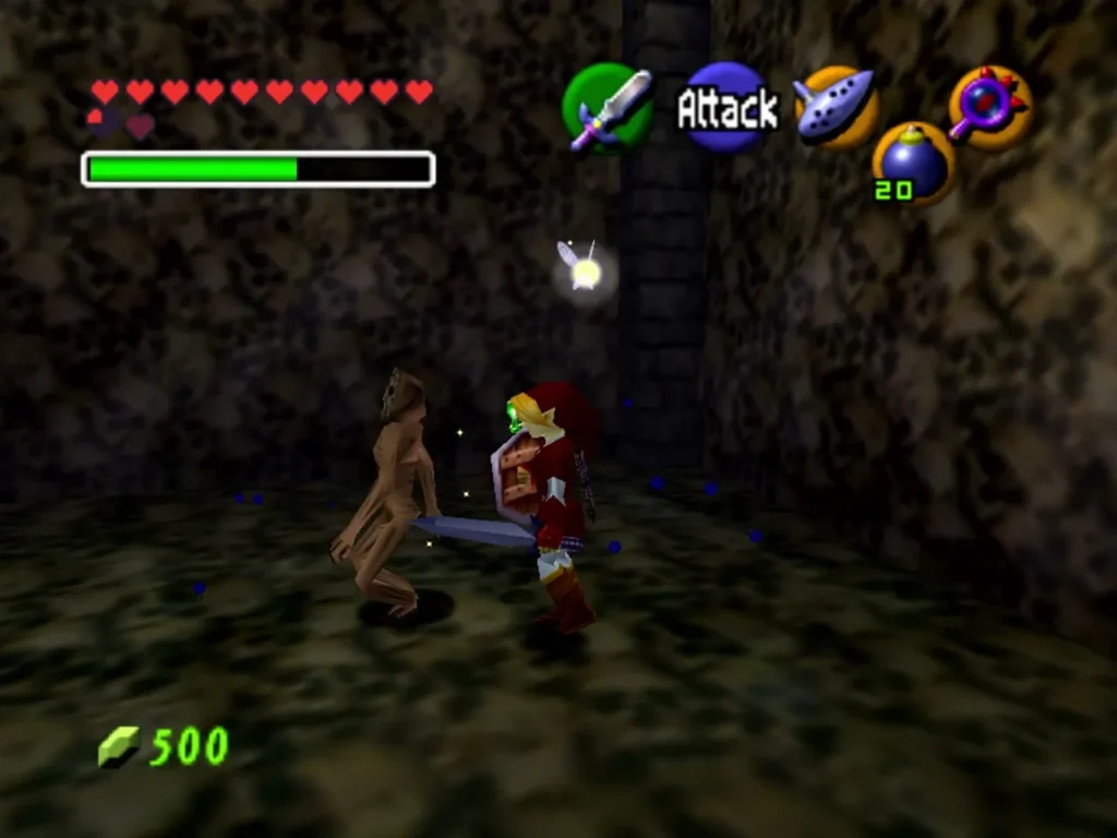 Link slashing at a ReDead in a dim stone room with a Keese nearby Link slashing at a ReDead in a dim stone room with a Keese nearby