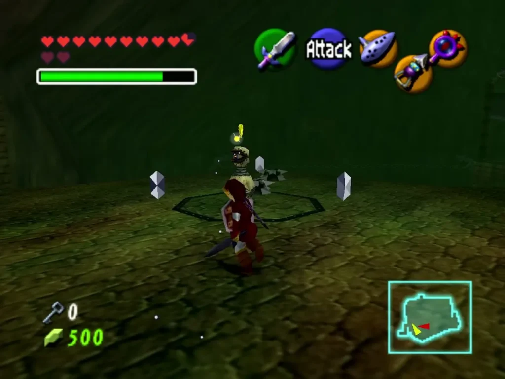 Link near a Beamos ringed by blade traps, with silver rupee crystals on the floor Link near a Beamos ringed by blade traps, with silver rupee crystals on the floor