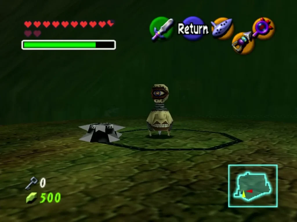 The Beamos standing inside a ring of blade traps on the stone floor The Beamos standing inside a ring of blade traps on the stone floor