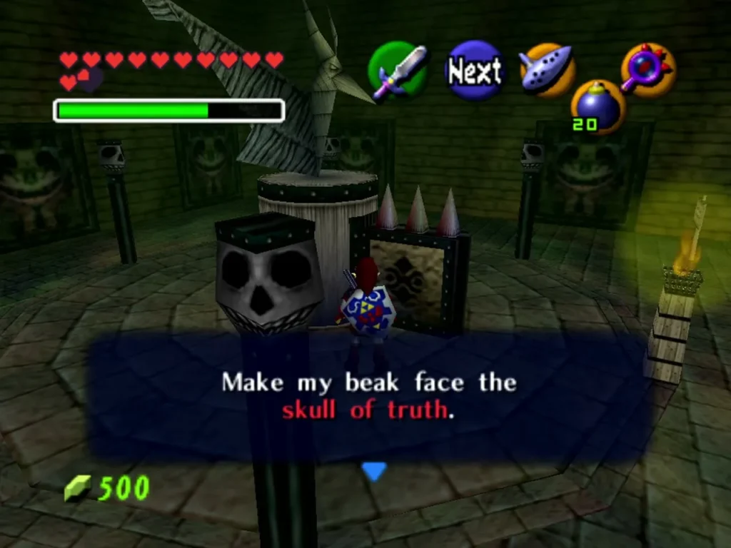Bird statue in the ring of skull torches with the box asking to face its beak toward the skull of truth Bird statue in the ring of skull torches with the box asking to face its beak toward the skull of truth
