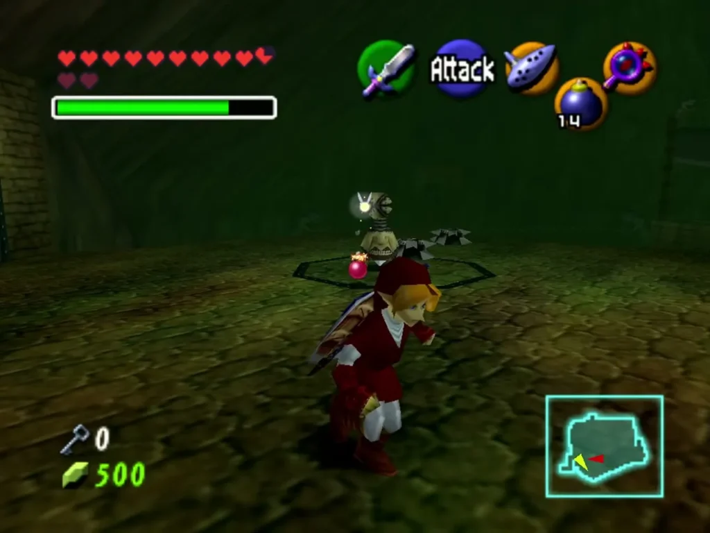 Link throwing a bomb toward the Beamos in the blade trap room Link throwing a bomb toward the Beamos in the blade trap room