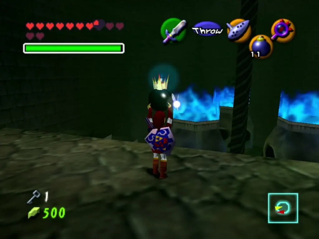 Link holding a Bomb Flower overhead beside the blue-flame skull pillars Link holding a Bomb Flower overhead beside the blue-flame skull pillars