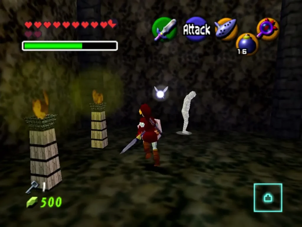 Link with one small key in a torch-lit Shadow Temple corridor Link with one small key in a torch-lit Shadow Temple corridor