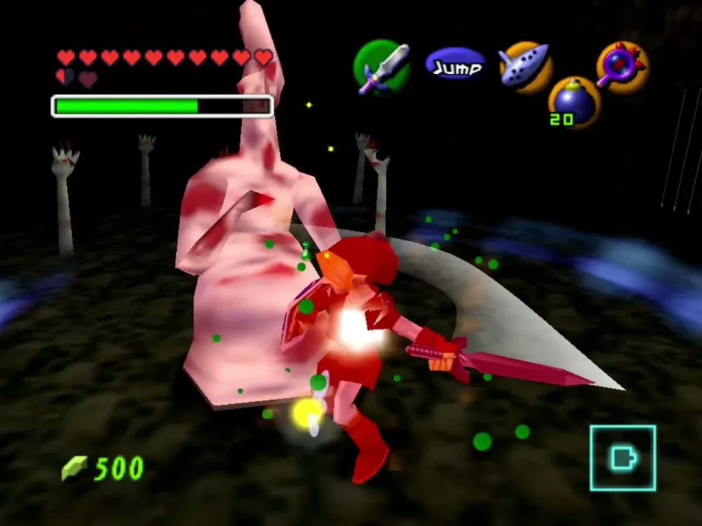 Link striking the bloodied Dead Hand body with the Biggoron's Sword Link striking the bloodied Dead Hand body with the Biggoron's Sword
