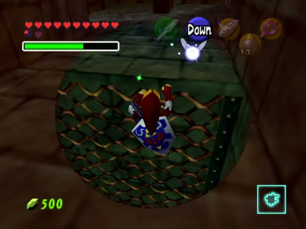 Link standing on a hexagonal floor grate in Shadow Temple Link standing on a hexagonal floor grate in Shadow Temple