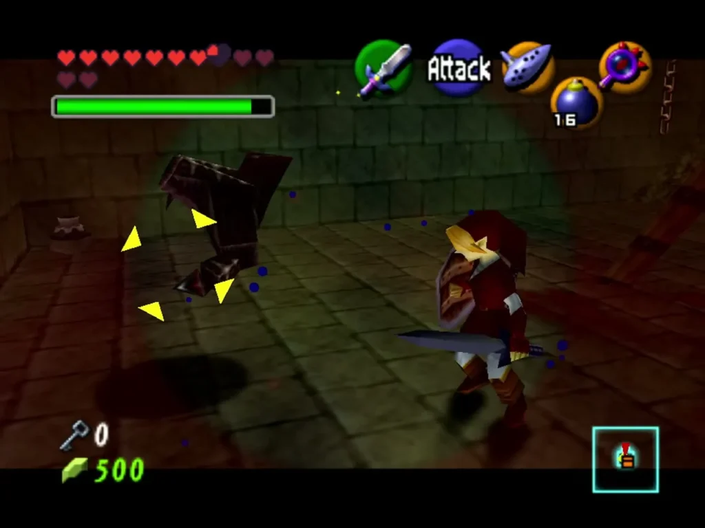 Link slashing at a Floormaster hand on the floor of the south room Link slashing at a Floormaster hand on the floor of the south room