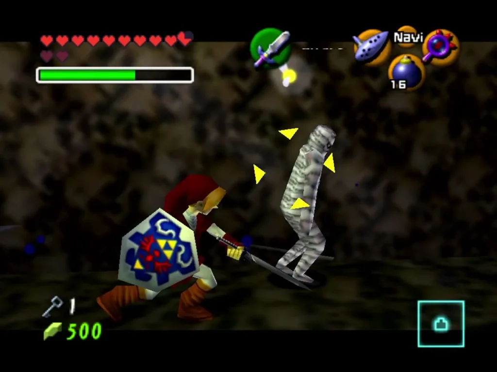 Link fighting a Gibdo in the torch-lit room of Shadow Temple Link fighting a Gibdo in the torch-lit room of Shadow Temple
