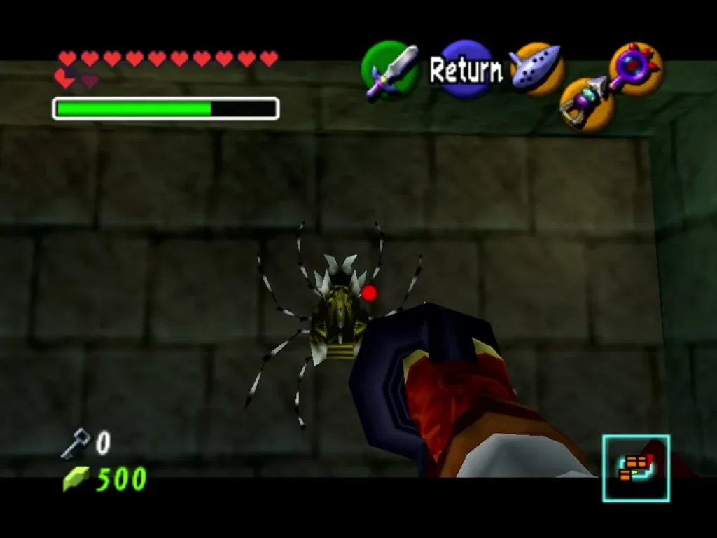Gold Skulltula clinging to a wall of the Shadow Temple as Link attacks it Gold Skulltula clinging to a wall of the Shadow Temple as Link attacks it