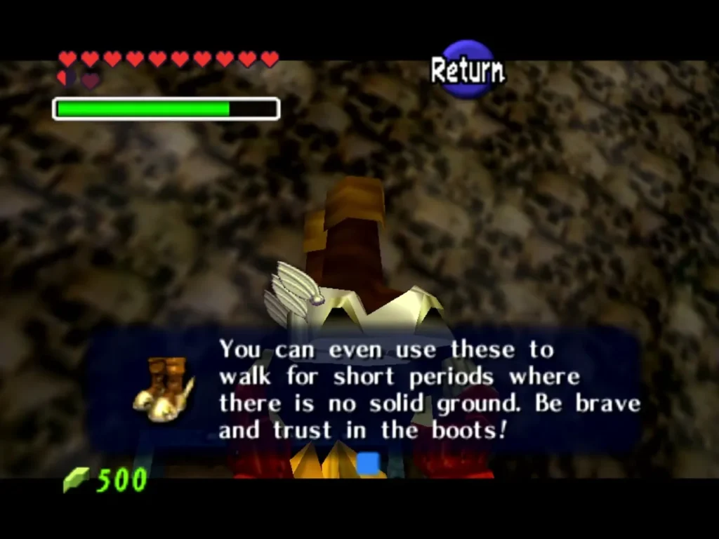Link holding the Hover Boots up with the box about walking over ground with no solid footing Link holding the Hover Boots up with the box about walking over ground with no solid footing