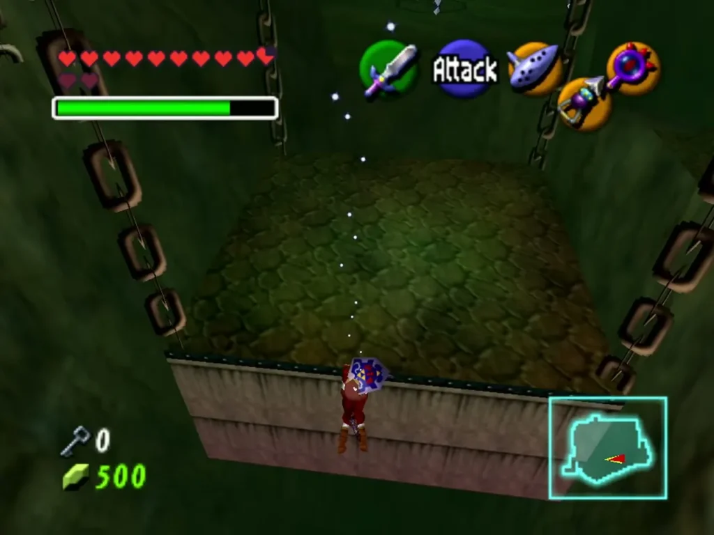 Link at the edge of a stone platform that rises between chains in the Shadow Temple Link at the edge of a stone platform that rises between chains in the Shadow Temple