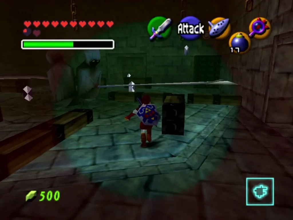 Link in a Shadow Temple room as a scythe blade sweeps across the floor Link in a Shadow Temple room as a scythe blade sweeps across the floor