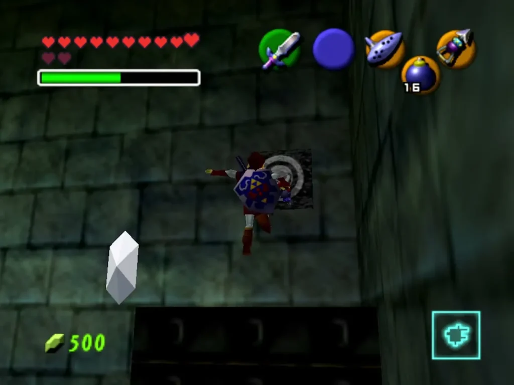 Link beside a Silver Rupee in a Shadow Temple room Link beside a Silver Rupee in a Shadow Temple room