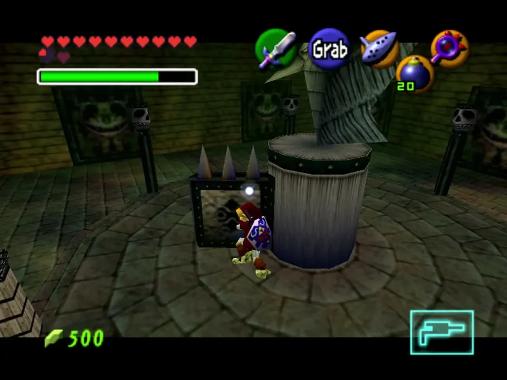 Link grabbing the bird statue beside a skull torch in the entry room Link grabbing the bird statue beside a skull torch in the entry room