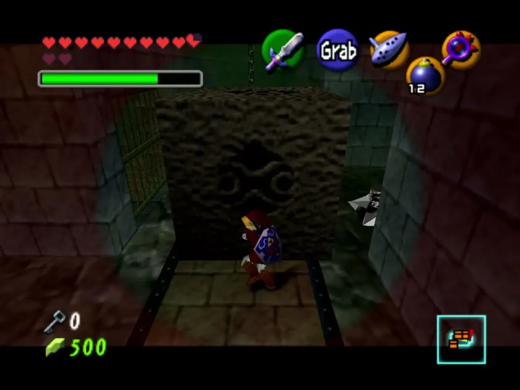 Link beside a carved stone block set in a niche in the Shadow Temple wall Link beside a carved stone block set in a niche in the Shadow Temple wall