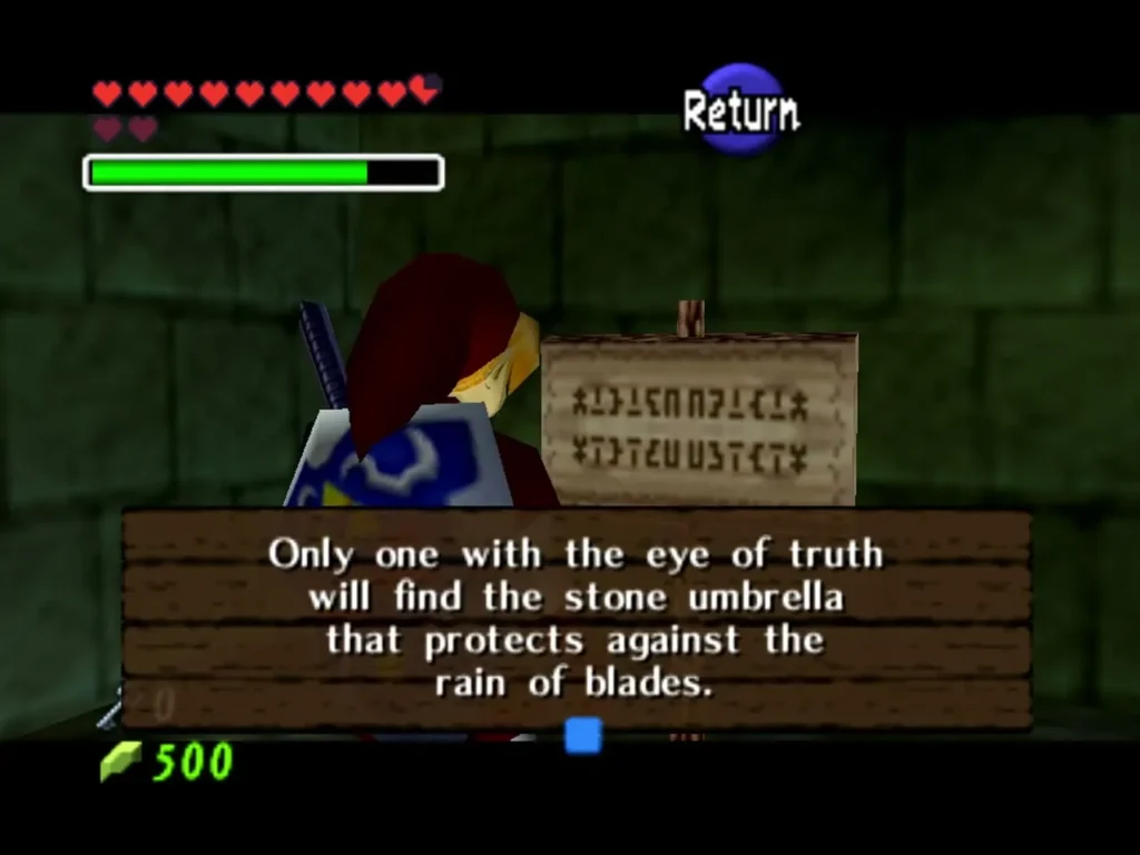 Stone sign reading that only one with the eye of truth will find the stone umbrella Stone sign reading that only one with the eye of truth will find the stone umbrella