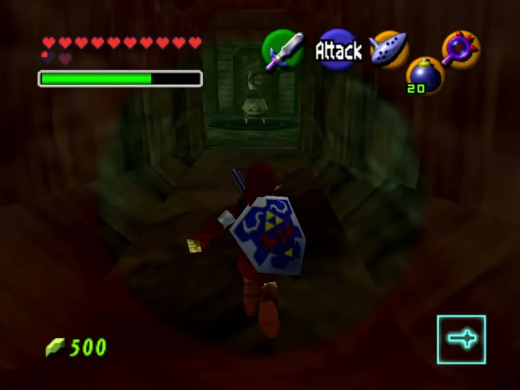 Link jogging down a dim hall toward a carved tongue platform Link jogging down a dim hall toward a carved tongue platform