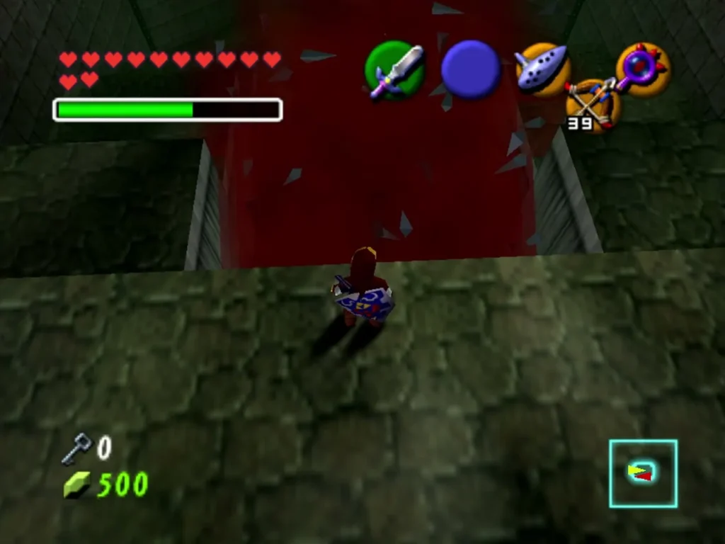 The giant flaming skull breaking open in a red blast in front of Link The giant flaming skull breaking open in a red blast in front of Link