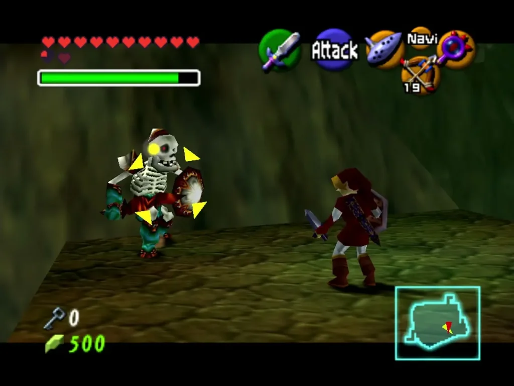 Link facing a Stalfos with a shield on a stone platform in the Shadow Temple Link facing a Stalfos with a shield on a stone platform in the Shadow Temple