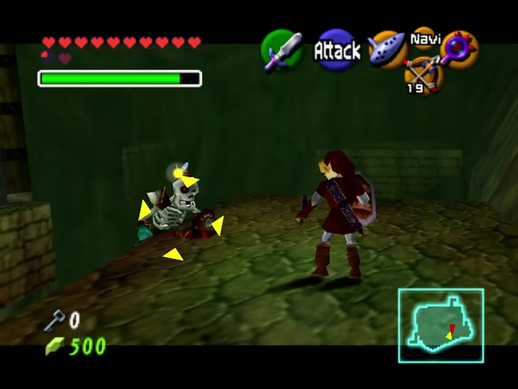 Stalfos knocked down on a stone floor while Link stands ready with sword and shield Stalfos knocked down on a stone floor while Link stands ready with sword and shield