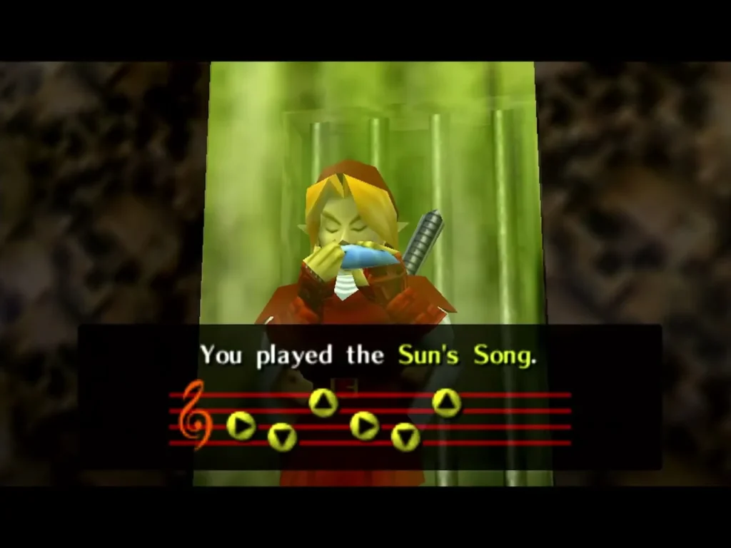 Link playing the Sun's Song on the ocarina in front of the barred door Link playing the Sun's Song on the ocarina in front of the barred door