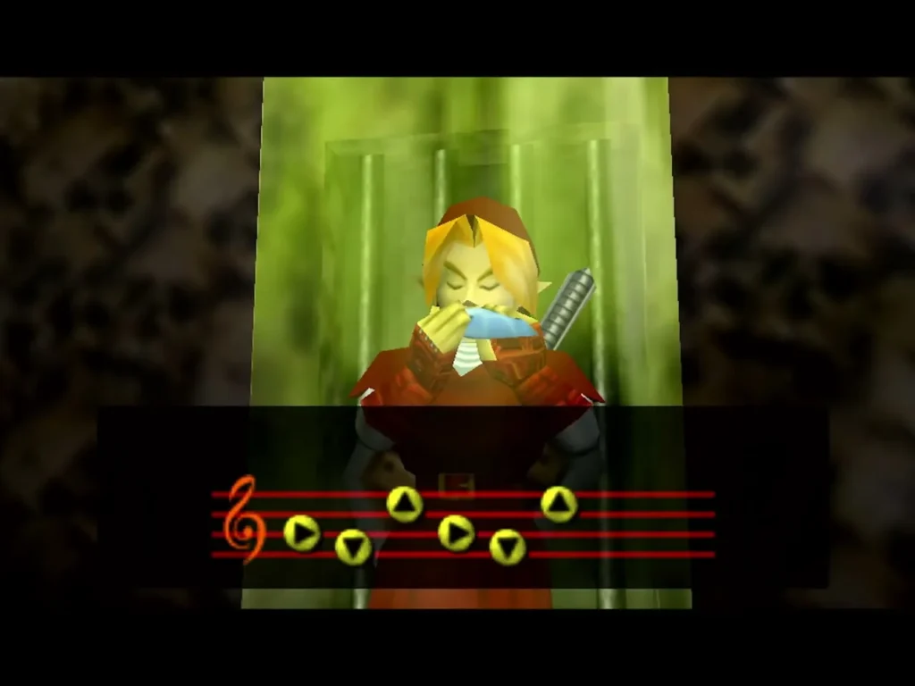 Adult Link playing the Sun's Song inside a green-lit alcove, notes on the staff Adult Link playing the Sun's Song inside a green-lit alcove, notes on the staff