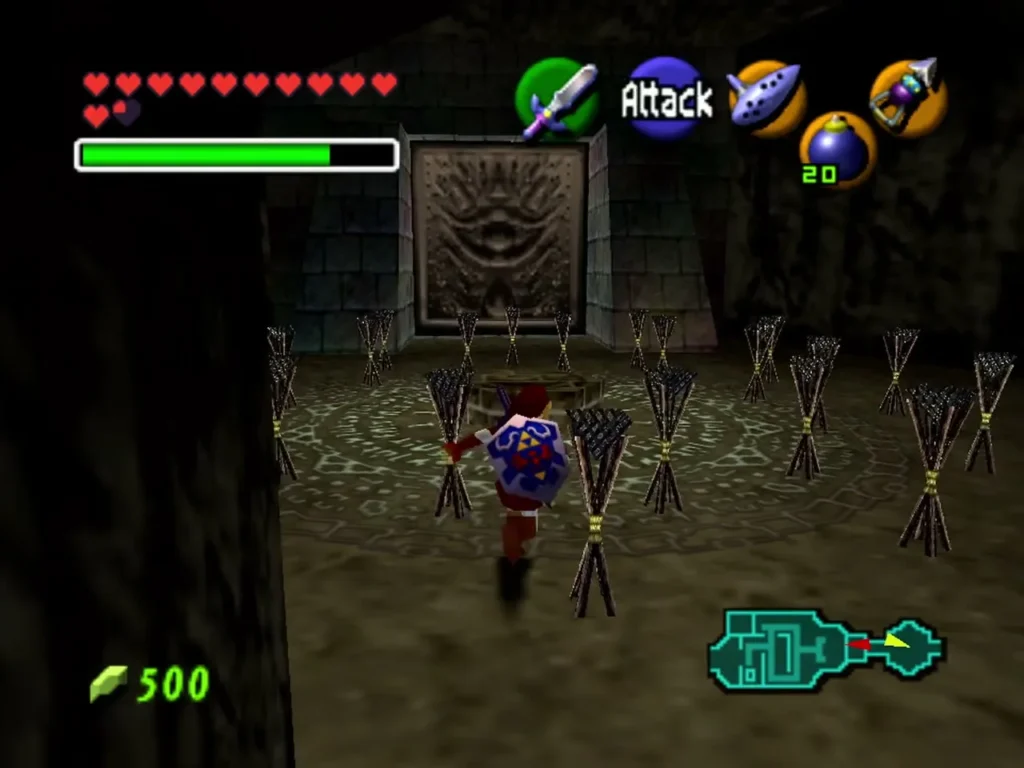 Link in the torch chamber with bundles of arrows on the floor facing the stone door of the Shadow Temple Link in the torch chamber with bundles of arrows on the floor facing the stone door of the Shadow Temple