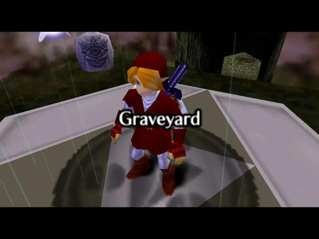 Link arriving on the warp pad at the top of the Kakariko Graveyard under the Graveyard title Link arriving on the warp pad at the top of the Kakariko Graveyard under the Graveyard title