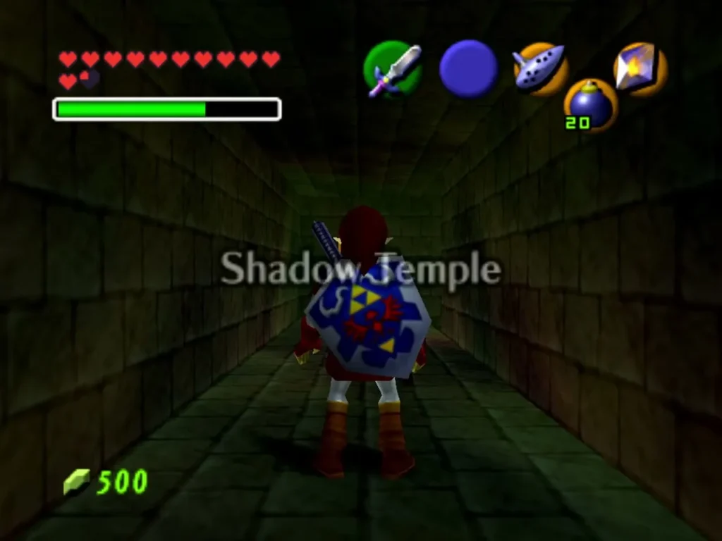 The Shadow Temple title appearing as Link walks down the dark green entrance corridor The Shadow Temple title appearing as Link walks down the dark green entrance corridor