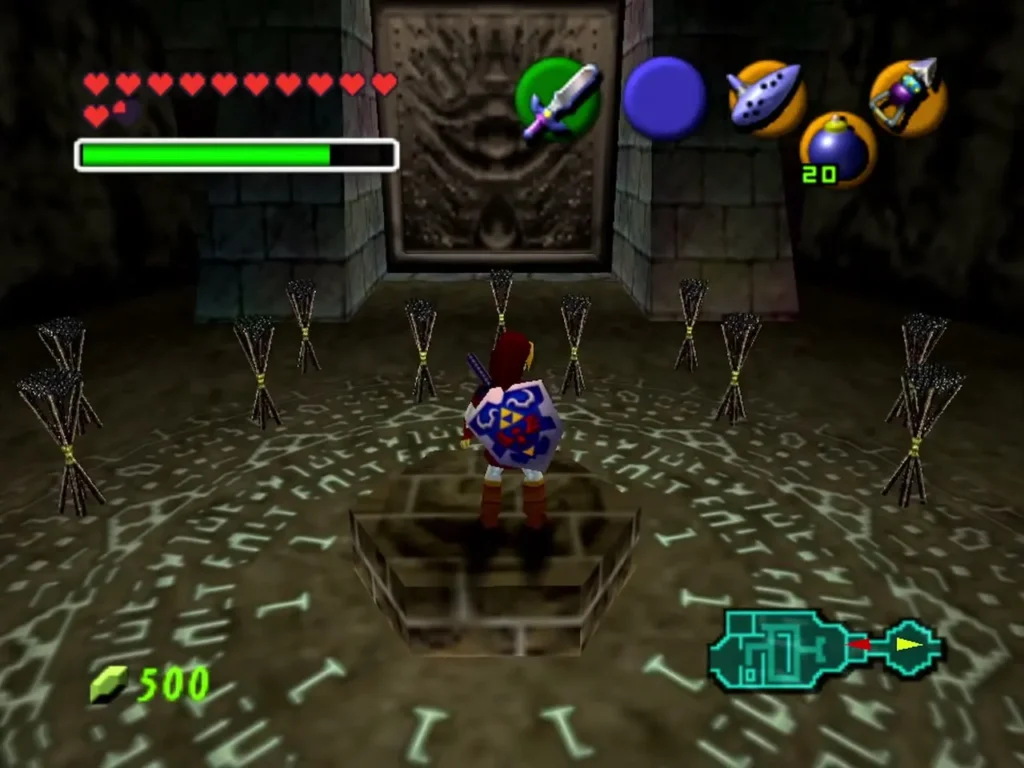 Link standing on the middle platform of the Shadow Temple torch chamber Link standing on the middle platform of the Shadow Temple torch chamber