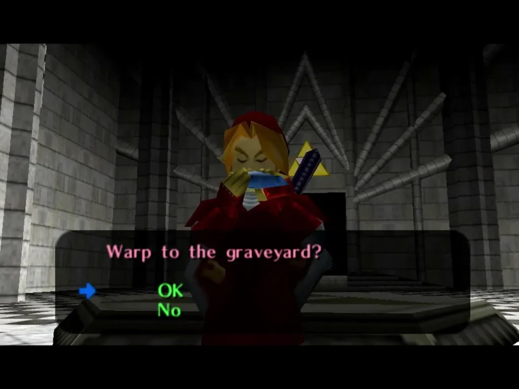 Adult Link in the Temple of Time facing the Warp to the graveyard prompt with OK and No Adult Link in the Temple of Time facing the Warp to the graveyard prompt with OK and No