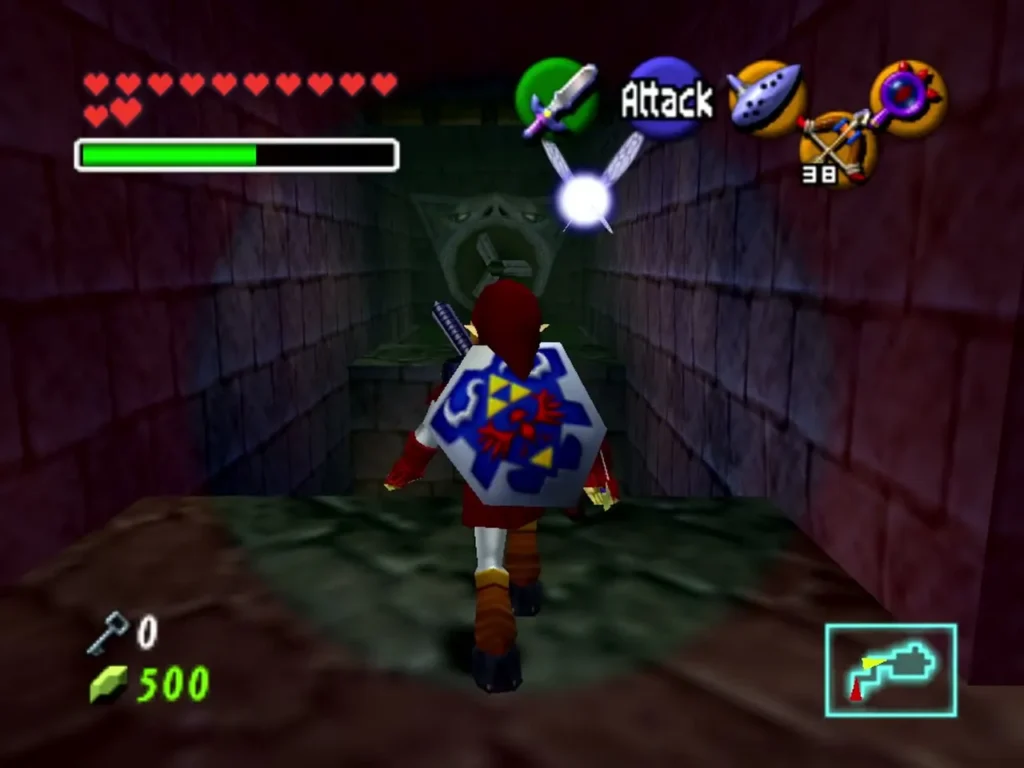 Link walking up the wind lane toward the fan at the end Link walking up the wind lane toward the fan at the end