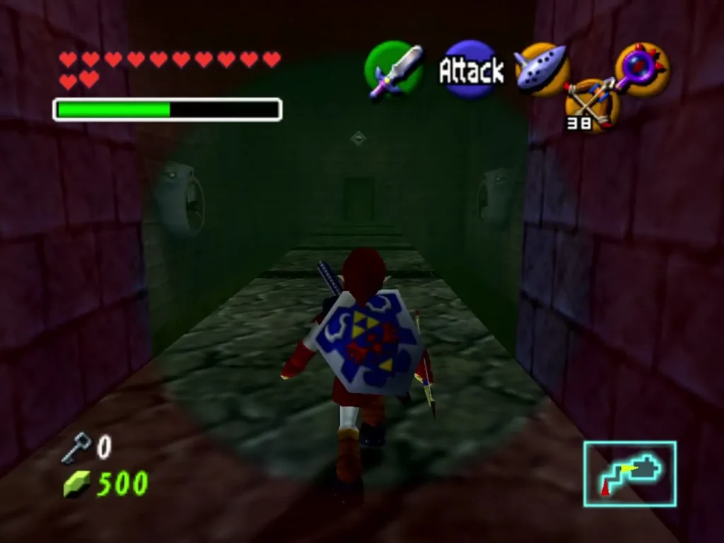 Link walking the long bridge in the Wind Room between walls of fans Link walking the long bridge in the Wind Room between walls of fans