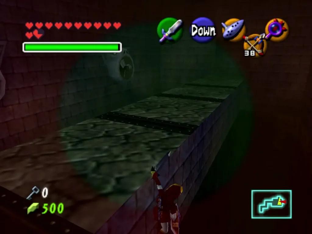 Link on a stone ledge beside the wind fan lane in the Shadow Temple Wind Room Link on a stone ledge beside the wind fan lane in the Shadow Temple Wind Room