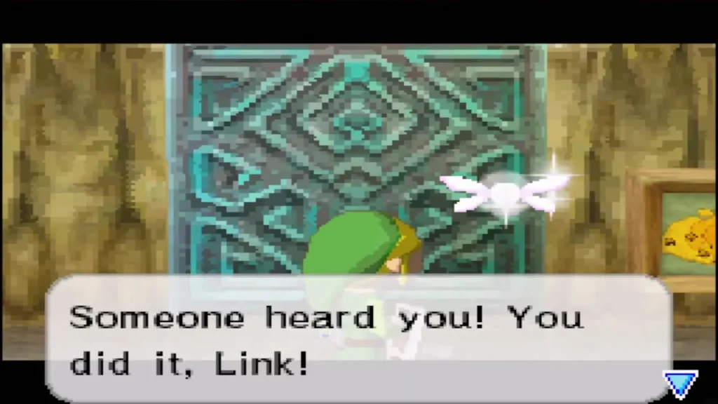 Link at the locked teal door of Astrid's house on the Isle of Ember Link at the locked teal door of Astrid's house on the Isle of Ember