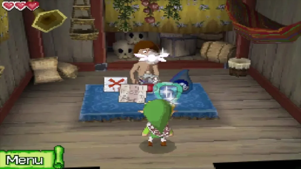 Link stepping up to Beedle's wares laid out on a blue cloth inside his shop ship Link stepping up to Beedle's wares laid out on a blue cloth inside his shop ship